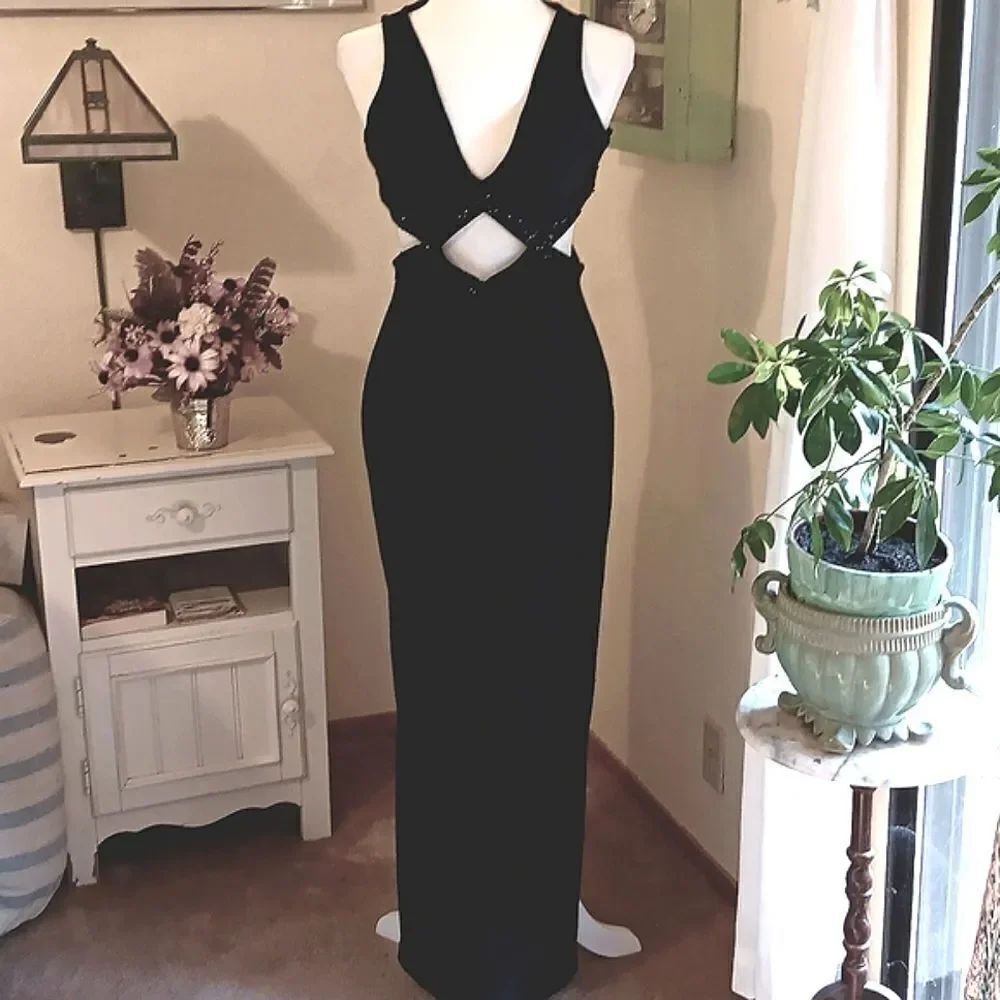 Vintage Adrianna Papell Evening Cut Out Beaded Maxi Dress Old Hollywood